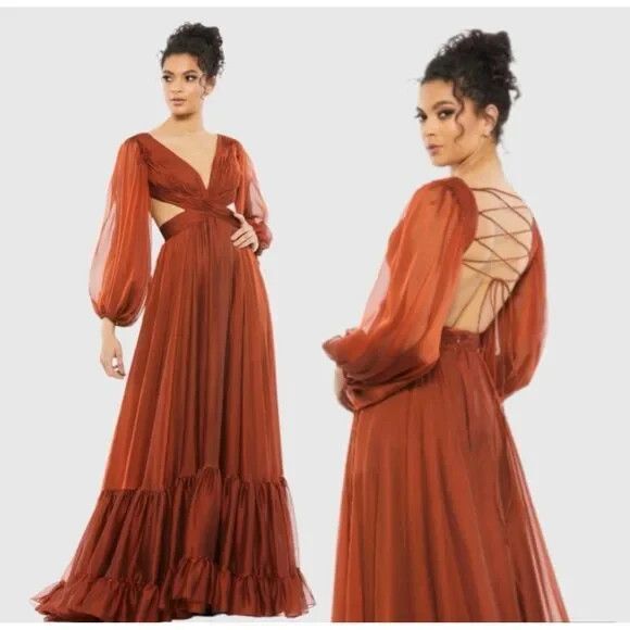 NEW Mac Duggal 67948 Pleated Cut Out Long Sleeve Lace Up Copper Gown 2 - Picture 1 of 8